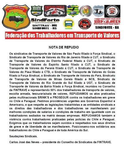 Repudio do SINTTRAV as empresas Brink's e Prosegur nos países do Chile e Paraguai